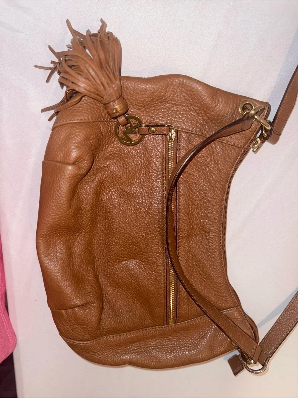 Micheal Kors Y2K Women Brown Leather Crossbody Bag Purse with Tassel
